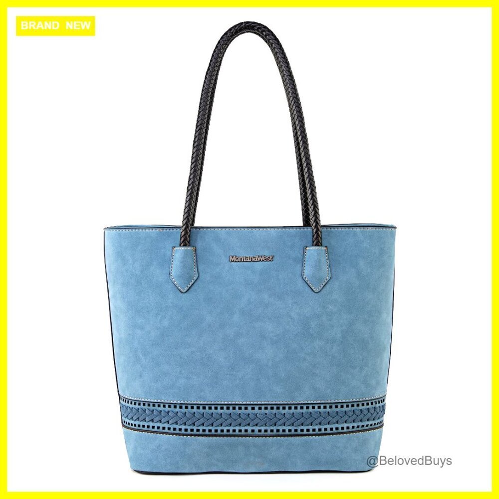 Vegan Leather Woven Tote Bag with Back Zipper Pocket, Spacious Compartments